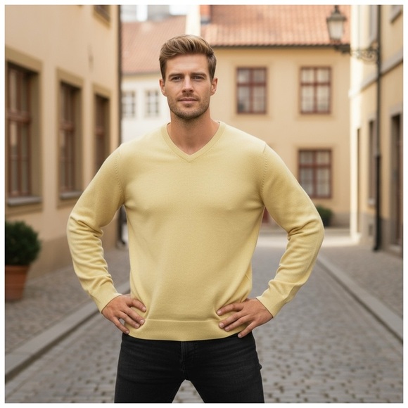 Malo Men’s Yellow Cashmere V-Neck Sweater. XL - Picture 13 of 15